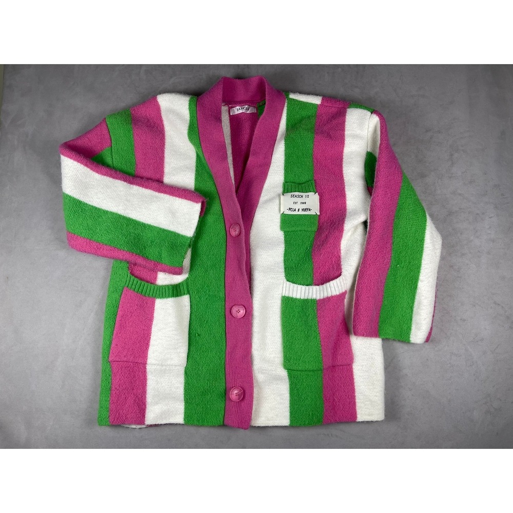 JASCLS Pink Green White Vertical Stripe Button‎ Front Knit Cardigan Sweater